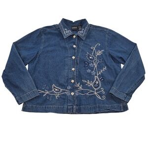 ERIKA Paisley Embroidered Button Down Long Sleeve Blue Denim Women Medium‎ Shirt